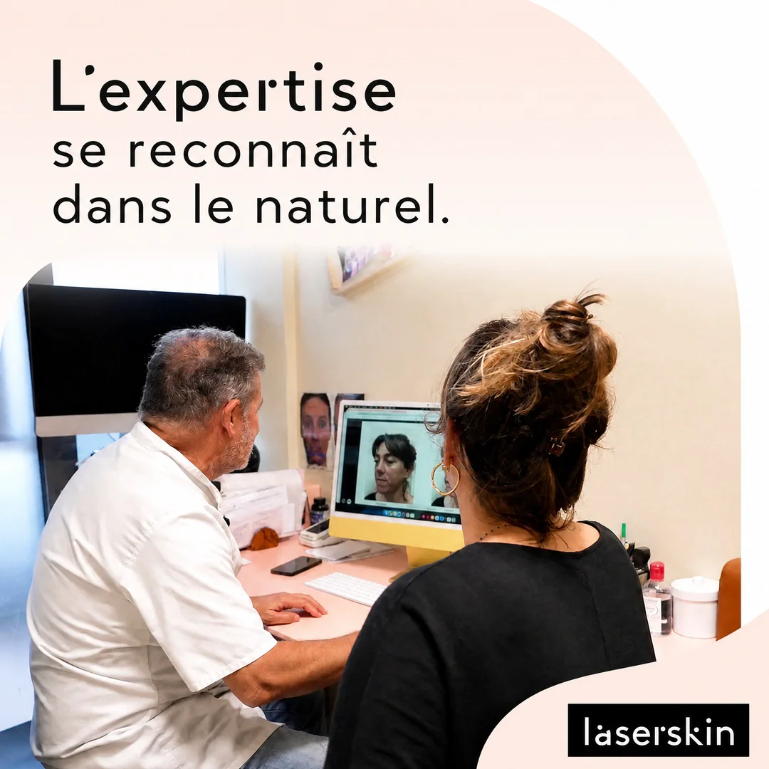 Une praticienne et une personne assise regardent un écran affichant un portrait rapproché dans une salle de consultation.