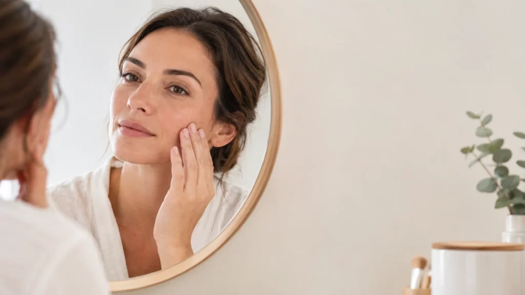 Portrait rapproché d’une personne examinant la peau de son visage dans un miroir