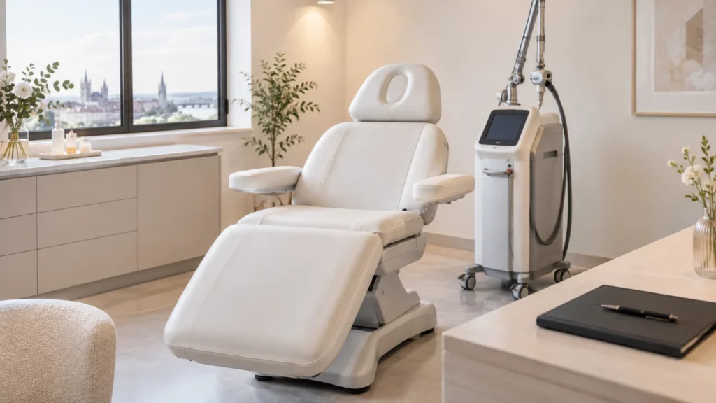 Espace de consultation médico esthétique lumineux avec un appareil laser médical en arrière plan.