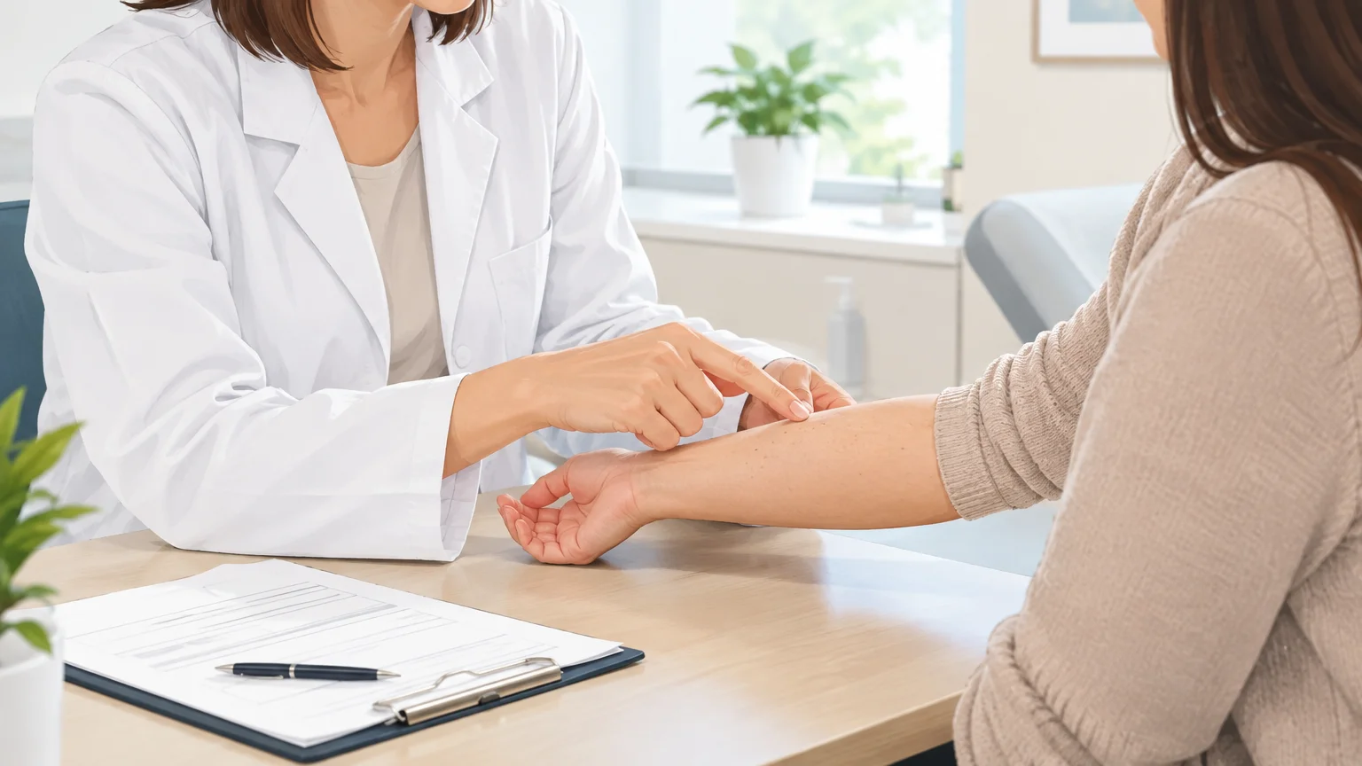 Professionnelle de santé examinant la peau d’une patiente lors d’une consultation.