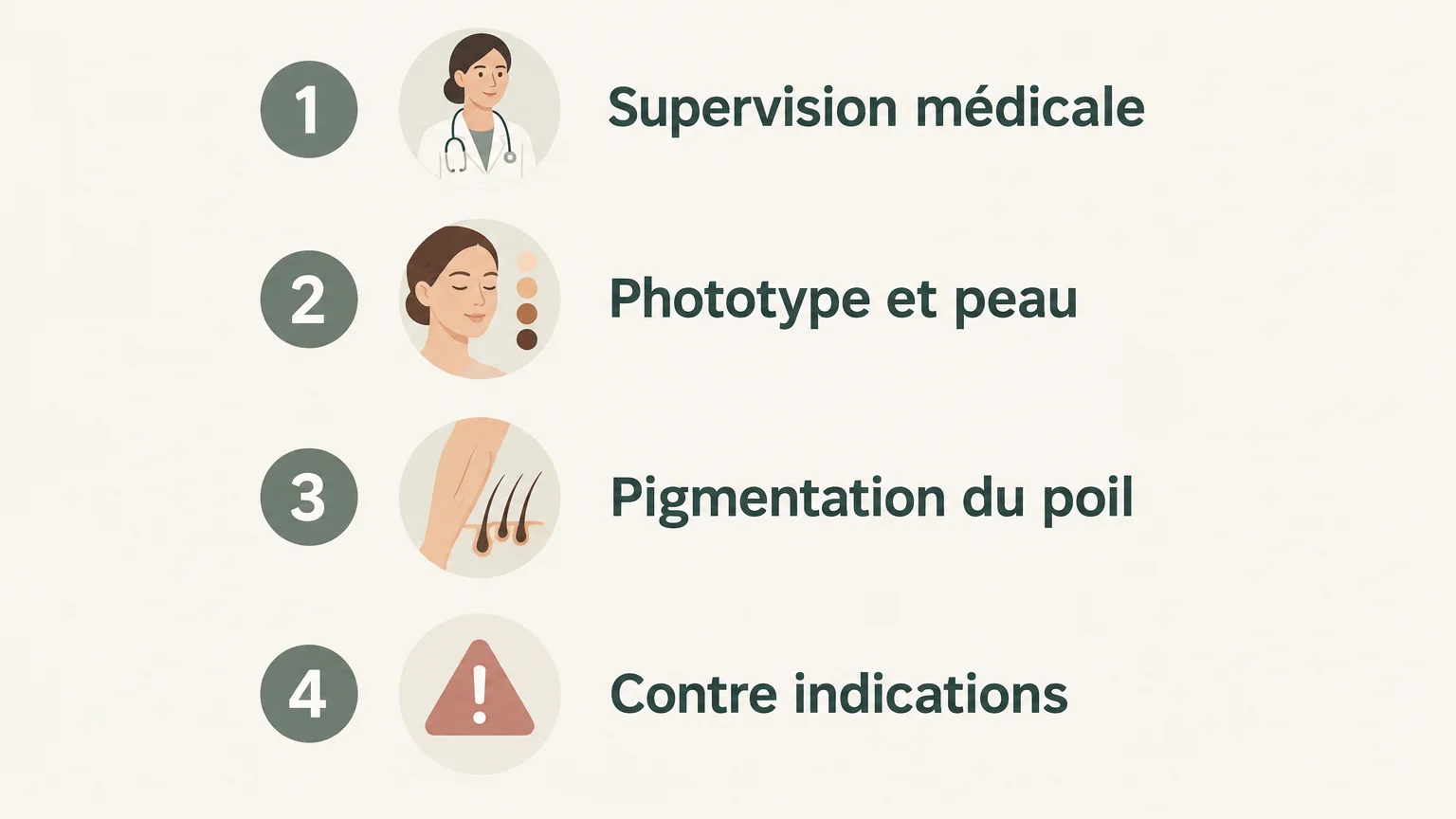 Checklist illustrée des quatre critères à vérifier avant une épilation laser.