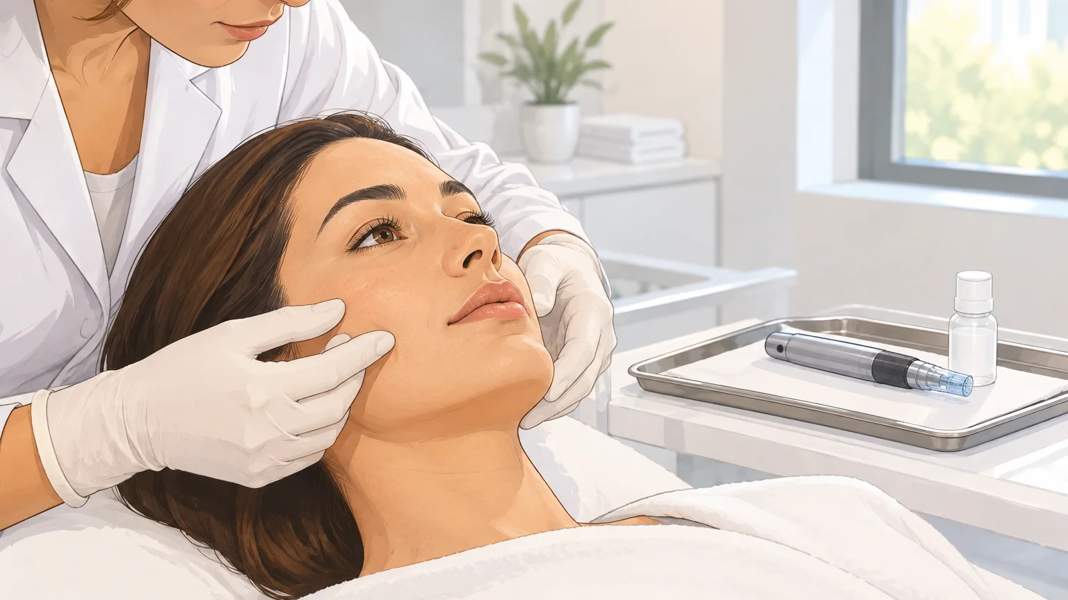 Consultation de la peau avant un soin de microneedling