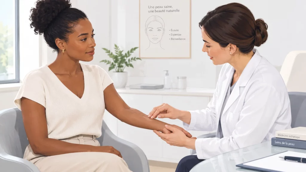 Consultation médicale pour évaluer une peau foncée avant une épilation laser