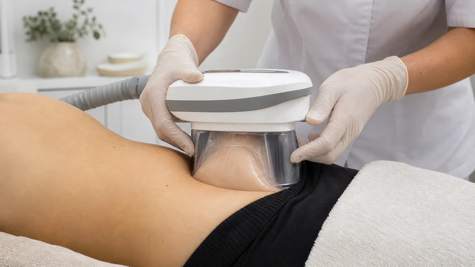 Un professionnel positionne un applicateur générique sur un pli abdominal