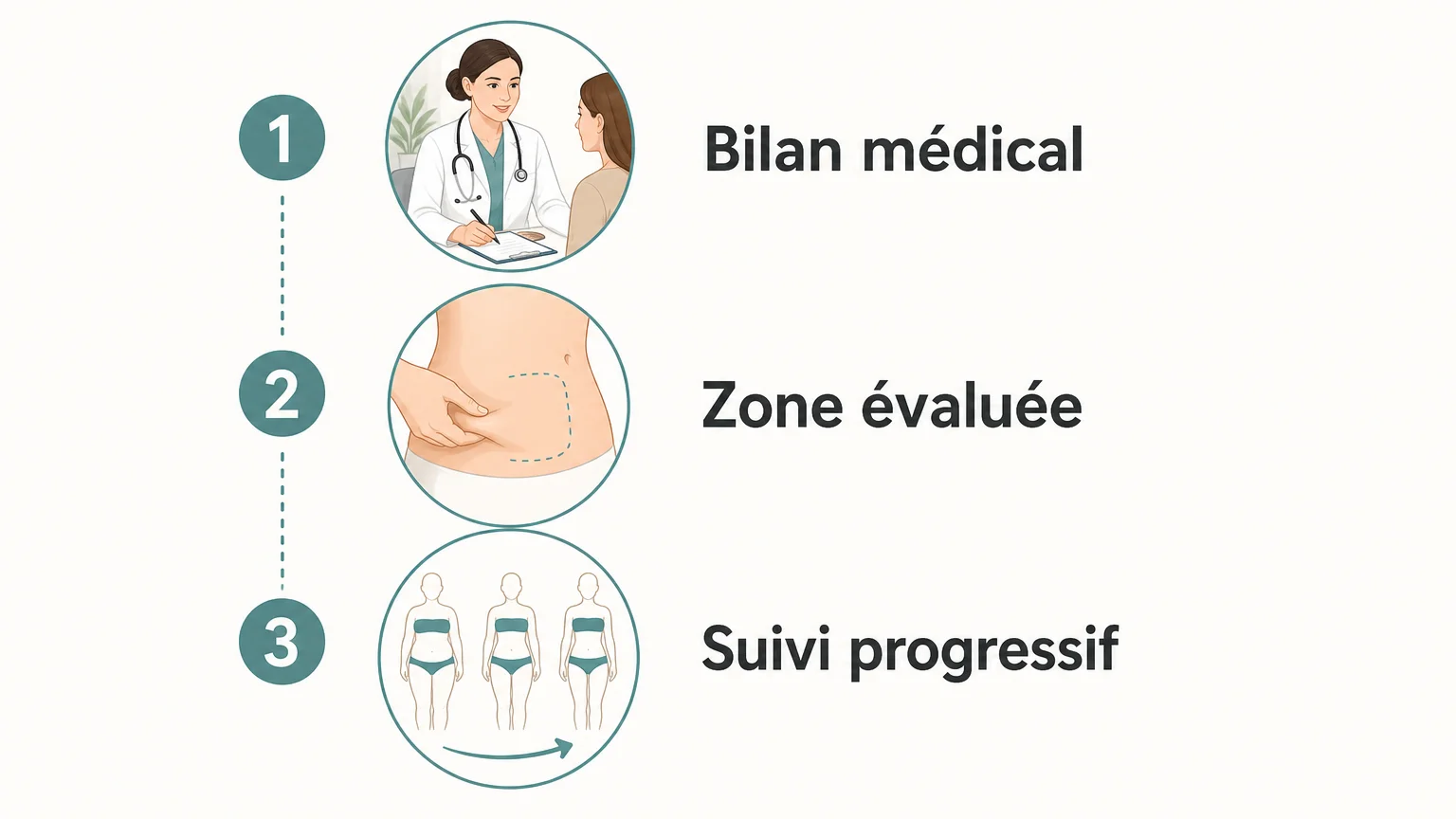Trois étapes avant et après une séance : bilan médical, zone évaluée, suivi progressif