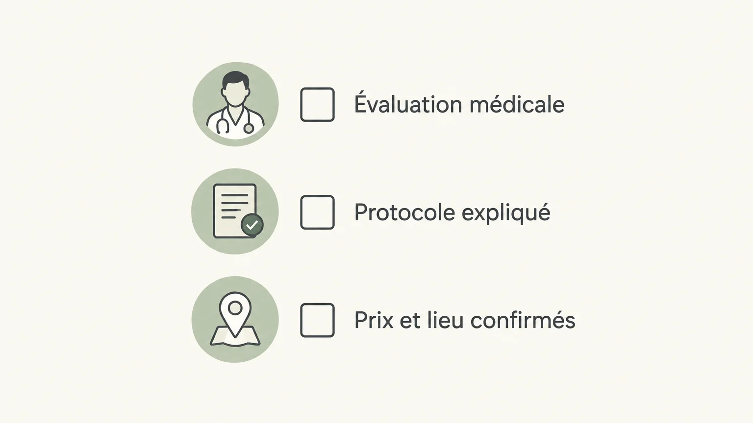 Infographie avec trois vérifications avant réservation : évaluation médicale, protocole expliqué, prix et lieu confirmés.