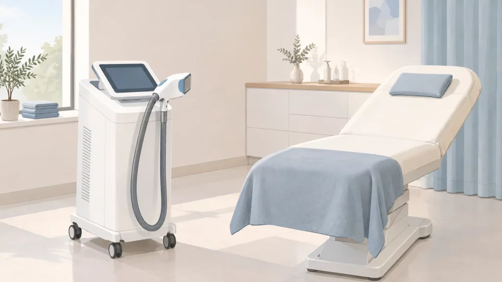 Salle de soin sobre avec un applicateur de cryolipolyse près d’un fauteuil de traitement.