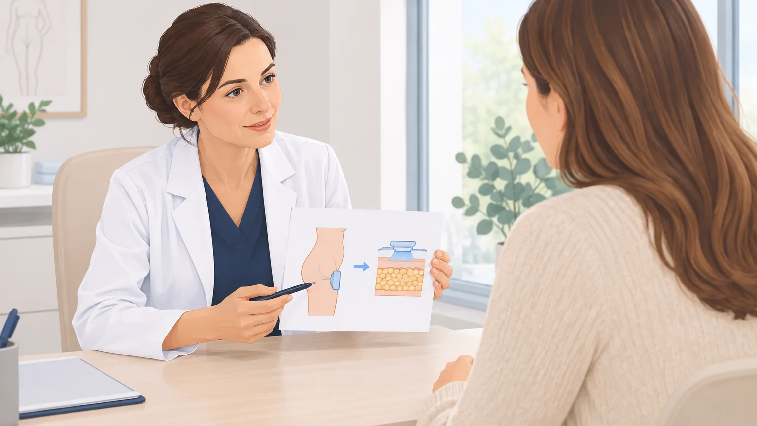Un médecin explique un protocole lors d’une consultation de médecine esthétique.