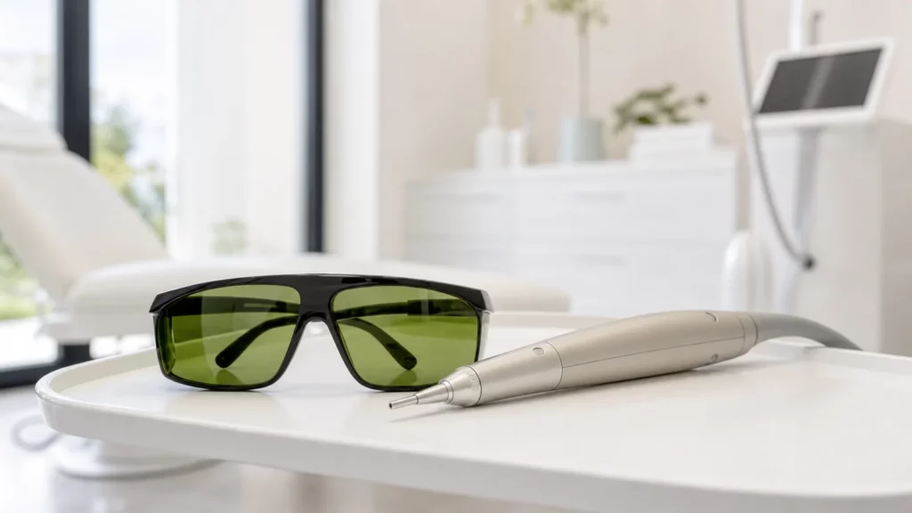 Pièce à main médicale générique et lunettes de protection dans une salle de soin
